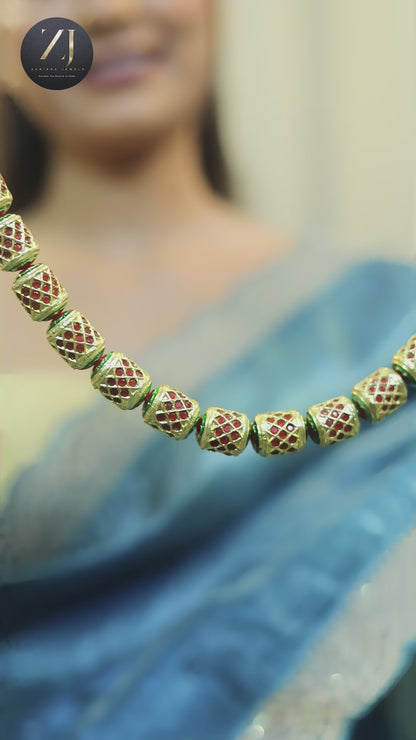 Traditional Gold-Tone Meenakari Work Beaded Necklace Set with Maroon and Green Enamel