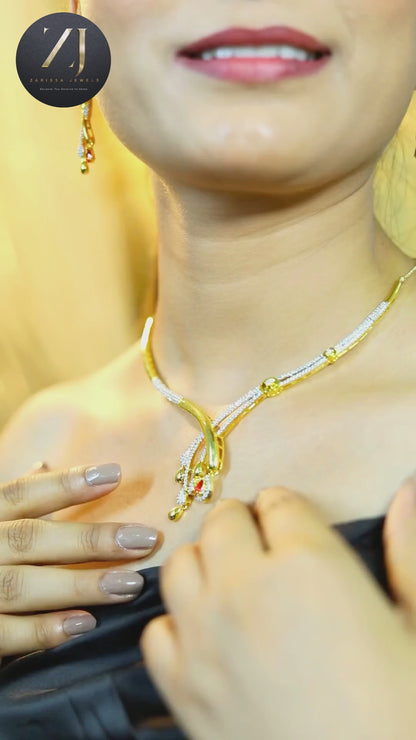 Elegant Gold-Plated Diamond-Cut Necklace Set with Pink Stone Drops